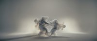 Two abstract human figures emerge from swirling smoke and mist, creating a dynamic composition. Isolated on white background, suitable for conceptual design, presentations, and creative projects.