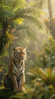 Tiger sitting in lush tropical jungle with palm fronds and golden sunlight filtering through dense vegetation. Wildlife and nature stock photo.