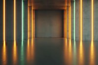 Empty modern corridor with glowing orange and green neon lights reflecting on glossy floor, creating futuristic atmosphere in dark concrete interior space.