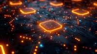 Glowing orange microchip on circuit board with illuminated pathways and connection points, representing advanced technology and digital processing power.