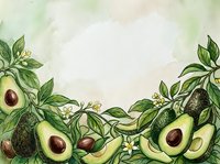 Avocado fruits with leaves and flowers arranged as decorative border frame on watercolor background, suitable for food packaging and culinary designs.