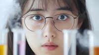 Young Asian woman wearing round glasses looking through laboratory test tubes and vials in scientific research facility, close up portrait with soft natural lighting.