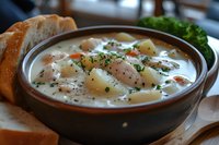 Creamy potato soup with herbs and vegetables served in rustic ceramic bowl with crusty bread for hearty meal.