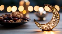 Decorative golden crescent moon lantern with traditional dates and bokeh lights, creating atmospheric Ramadan or Eid celebration ambiance on wooden surface.