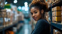 Young African American woman with natural curly hair smiling confidently in warehouse setting with bokeh lights and industrial shelving in background.