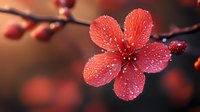 Red cherry blossom flower with water droplets on delicate petals, blooming on branch against warm blurred background for spring nature designs.
