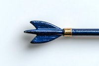 Metallic blue dart arrow tip with gold band detail isolated on white background, macro photography closeup for precision and targeting concepts.