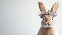 Adorable brown rabbit wearing purple wildflower crown on light background. Close up portrait of bunny with spring flowers and long ears looking at camera.