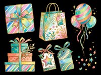 Colorful gift boxes, shopping bag, party balloon, and festive decorations isolated on transparent background. Ready for t-shirt designs, clipart, stickers, print-on-demand products, and sublimation projects.
