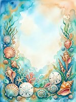 Watercolor ocean frame with seashells, coral, starfish and marine plants creating decorative border on textured paper background for coastal themed designs.