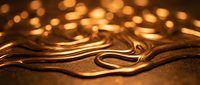 Flowing golden liquid metal waves with warm bokeh lights creating luxurious abstract background for premium design projects and elegant presentations.
