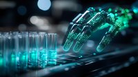 Glowing robotic hand reaching for test tubes in dark laboratory setting with green illumination creates futuristic science and technology atmosphere. Medical research concept.