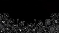 Black background with white line art floral border featuring poppies, daisies and botanical elements for elegant design projects.