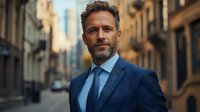 Confident middle-aged Caucasian businessman in navy suit standing on urban street, professional corporate executive portrait for business marketing materials.