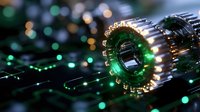 Metallic gear wheel with green illumination on circuit board background, industrial technology concept with dramatic lighting and bokeh effects.