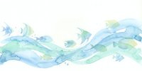 Abstract watercolor waves in blue and green tones flowing horizontally across white background for modern design projects and artistic compositions.
