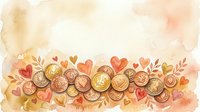 Watercolor coins with hearts and leaves in warm autumn colors creating romantic financial concept for wedding planning and love savings.
