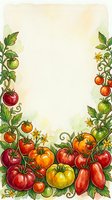 Tomato and pepper vine border frame with watercolor botanical illustration featuring fresh produce, green foliage, and yellow flowers on cream background. Suitable for recipe cards, menus, and garden designs.