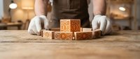 Gloved hands arranging wooden blocks engraved with bitcoin symbols on a rustic table, representing cryptocurrency investment and blockchain technology.