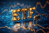 Golden illuminated ETF letters with bull figurine on blue background with stock market chart pattern, concept of exchange traded funds investment strategy.