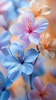 Delicate spring flowers in soft pastel colors - pink, blue and peach blossoms with detailed petals and stamens on blurred background. Macro floral art for wall decor.