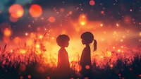 Silhouettes of boy and girl standing face to face in magical summer field at sunset with glowing fireflies and bokeh lights creating dreamy atmosphere.