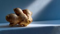 Fresh ginger root on blue surface with dramatic lighting and shadow, raw organic spice ingredient for cooking and natural medicine, close up macro shot.