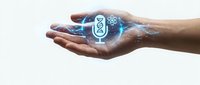 Hand holding glowing DNA helix symbol with digital particles, representing genetic research, biotechnology innovation, and scientific discovery in modern medicine.