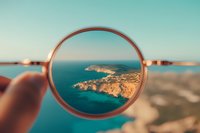 Coastal landscape viewed through round sunglasses lens, showing rocky cliffs and turquoise Mediterranean waters during golden hour sunset.