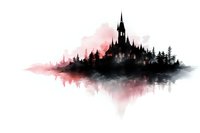 Gothic castle silhouette with pine trees in watercolor style on white background. Dark fantasy architecture with spires and towers for design projects.