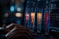 Glowing test tubes with colorful particles in scientific laboratory setting against computer screen with data analysis, dark atmospheric lighting.