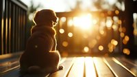 Silhouette of cat sitting alone on wooden bench during golden sunset with bokeh lights background creating atmospheric mood and warm evening glow.