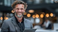 Confident mature businessman with beard smiling in modern office environment. Professional executive portrait for corporate communications and leadership content.