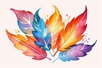 Vibrant watercolor feathers in pink, blue, orange and purple arranged in fan composition with delicate white outlines and scattered dots on soft beige background.