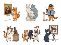 Cartoon cats engaged in various activities including painting, posing, police work, sculpting, marching with flags, and photography. Isolated characters on white background, ready for design projects, merchandise, and educational materials.
