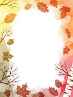 Autumn watercolor frame with falling oak leaves, acorns, pine cones and bare branches on white background for seasonal greeting cards and fall decorations.