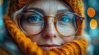 Young woman with bright blue eyes wearing round glasses and yellow knit scarf wrapped around face, close-up portrait with soft bokeh lights in background.