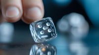 Clear glass dice in motion against blurred blue background with reflection on glossy surface, capturing dynamic gaming moment with dramatic lighting and depth of field.