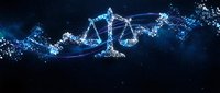Digital justice scales made of glowing blue particles and connecting lines on dark background for legal technology and digital law concepts.