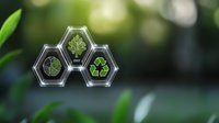 Glass hexagonal shapes with environmental symbols - tree, roots, and recycling icon on natural green bokeh background showing eco-friendly concept.