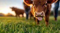 Playful brown calf sticking tongue out while grazing in green pasture at sunset, close-up portrait showing funny expression and warm golden light.