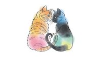 Two cats sitting together with tails forming heart shape on white background, colorful watercolor style illustration isolated for design use.