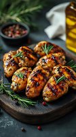 Grilled chicken thighs with honey glaze and fresh rosemary sprigs served on wooden board. Olive oil and peppercorns complement marinade for gourmet meal.