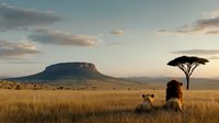 Majestic lion and cub watching sunset over African savanna landscape with flat-topped mountain and acacia tree silhouette against dramatic evening sky.