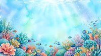 Underwater coral reef scene with tropical fish, marine plants and sea life creating colorful ocean floor border frame with copy space for text or design.