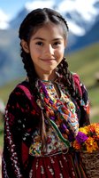 Young Asian woman in traditional colorful folk costume with braided hair holding basket of flowers against mountain landscape background, authentic cultural portrait.