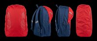 Red and navy blue backpack set with rain cover, isolated on transparent background. Four views for stickers, clipart, print on demand, and t-shirt design use.