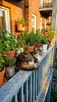 Tabby cat lounging among potted herbs and plants on a weathered blue balcony railing against a brick building facade with white-trimmed windows.