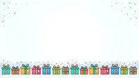 Colorful wrapped gift boxes with blue, pink, and green ribbons arranged in a row against white background with falling confetti, suitable for holiday, birthday, and celebration design projects.