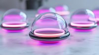 Glass domes with glowing pink neon light bases arranged in rows on marble surface create futuristic sci-fi atmosphere with depth of field blur effect.